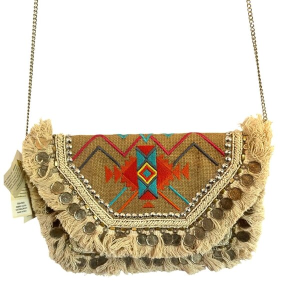 NWT Antik Kraft Boho Embroidered Fringe Crossbody Bag Coin Accents Chain Santa F - Picture 1 of 16